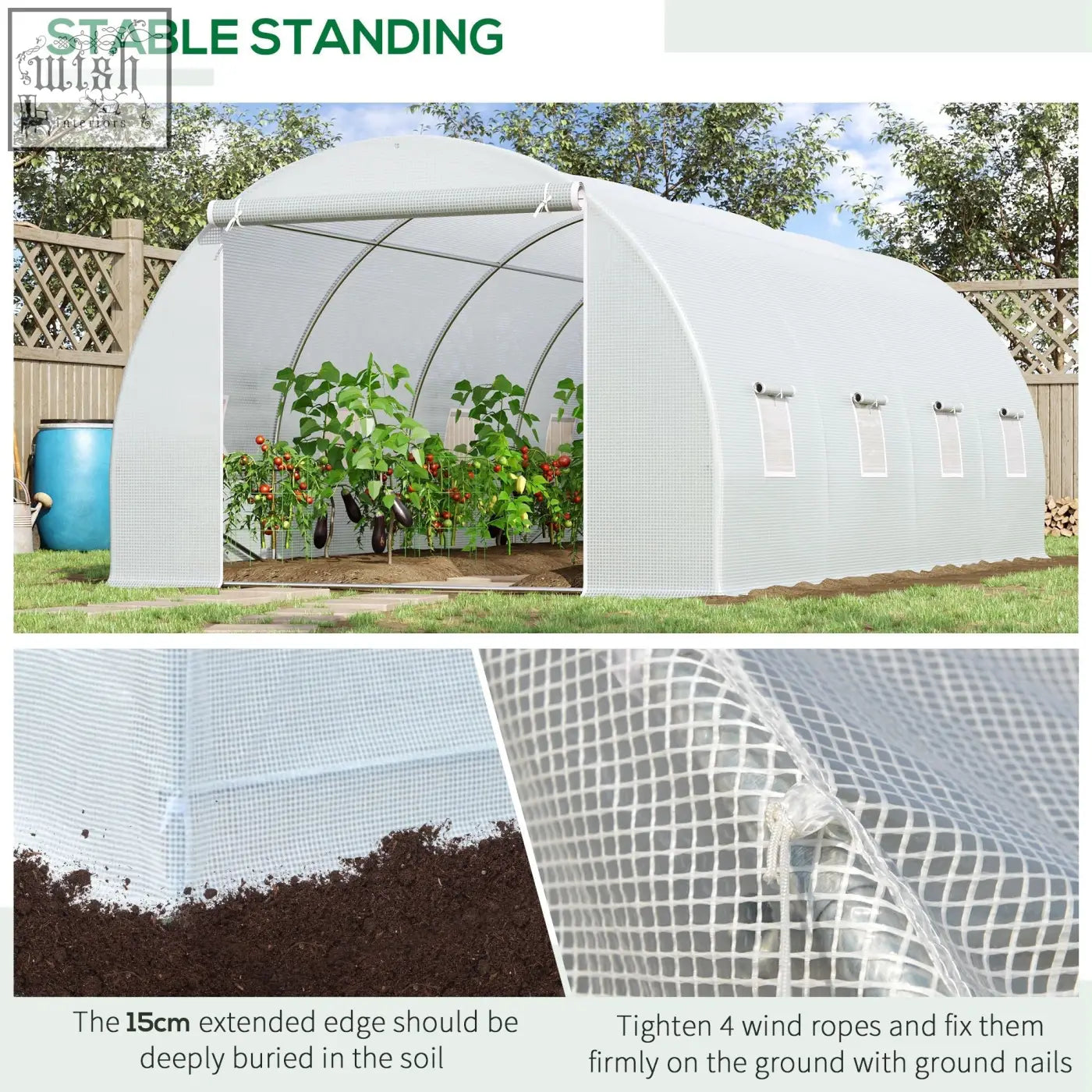 White outsunny polytunnel greenhouse with metal frame zippered door mesh sides and four window panels for garden use