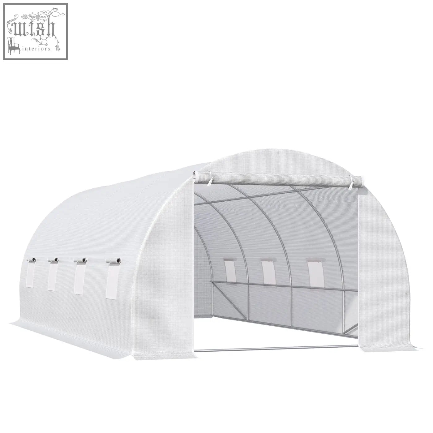 White mesh polytunnel greenhouse with arched metal frame zippered door and side windows for garden use