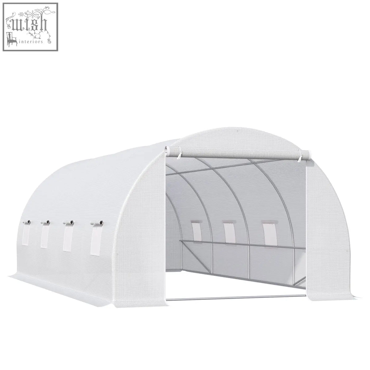 White mesh polytunnel greenhouse with arched metal frame zippered door and side windows for garden use