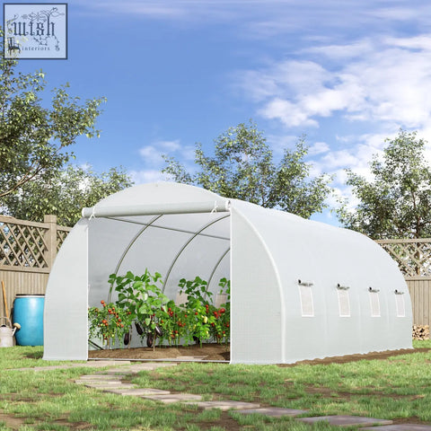Outsunny white polytunnel greenhouse with metal frame zippered door and transparent mesh sides housing tomato plants