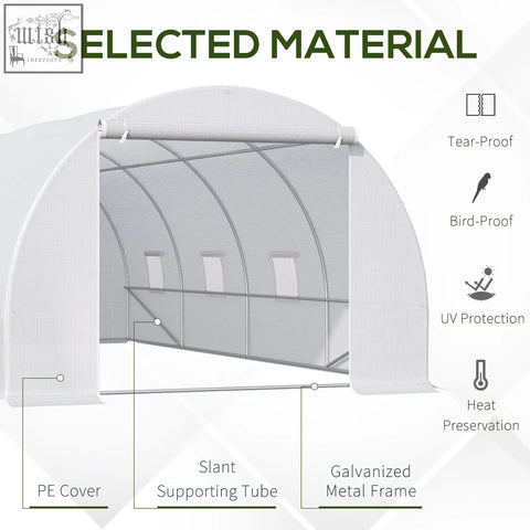 Outsunny white polytunnel greenhouse with metal frame, slant tubes, zippered door, and 8 windows for garden use