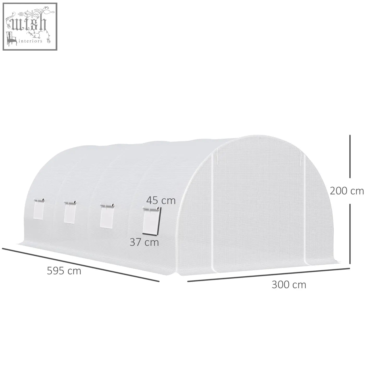White translucent polytunnel greenhouse with arched roof metal frame zippered door and side windows for garden use
