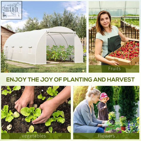 White arched polytunnel greenhouse with galvanised metal frame and transparent plastic cover for garden use