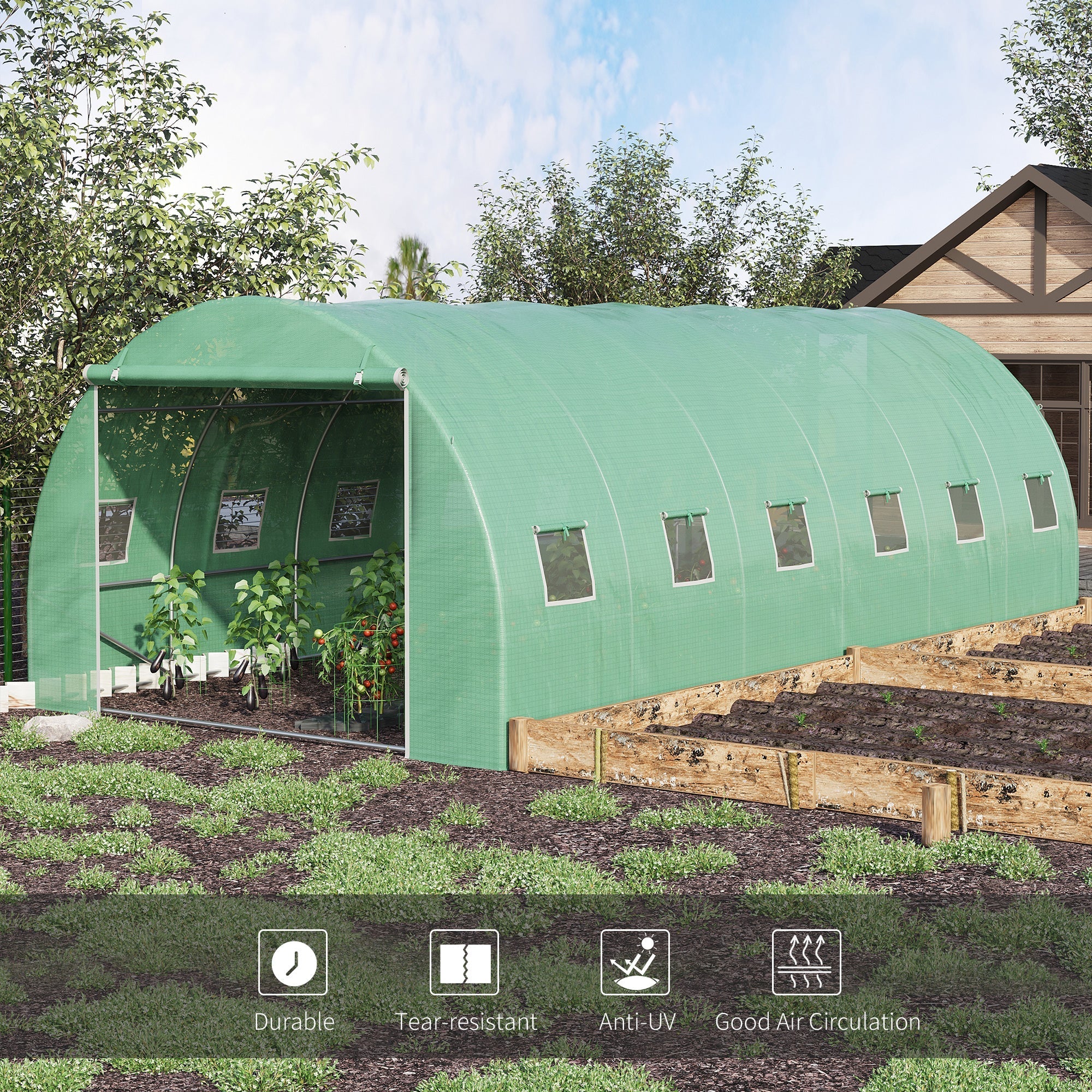 Outsunny 6 x 3 x 2 m Polytunnel Greenhouse with Roll-up Door and 12 Mesh Windows, Walk-in Garden Tunnel Warm House Tent with UV-resistant PE Cover and Galvanised Steel Frame, Green