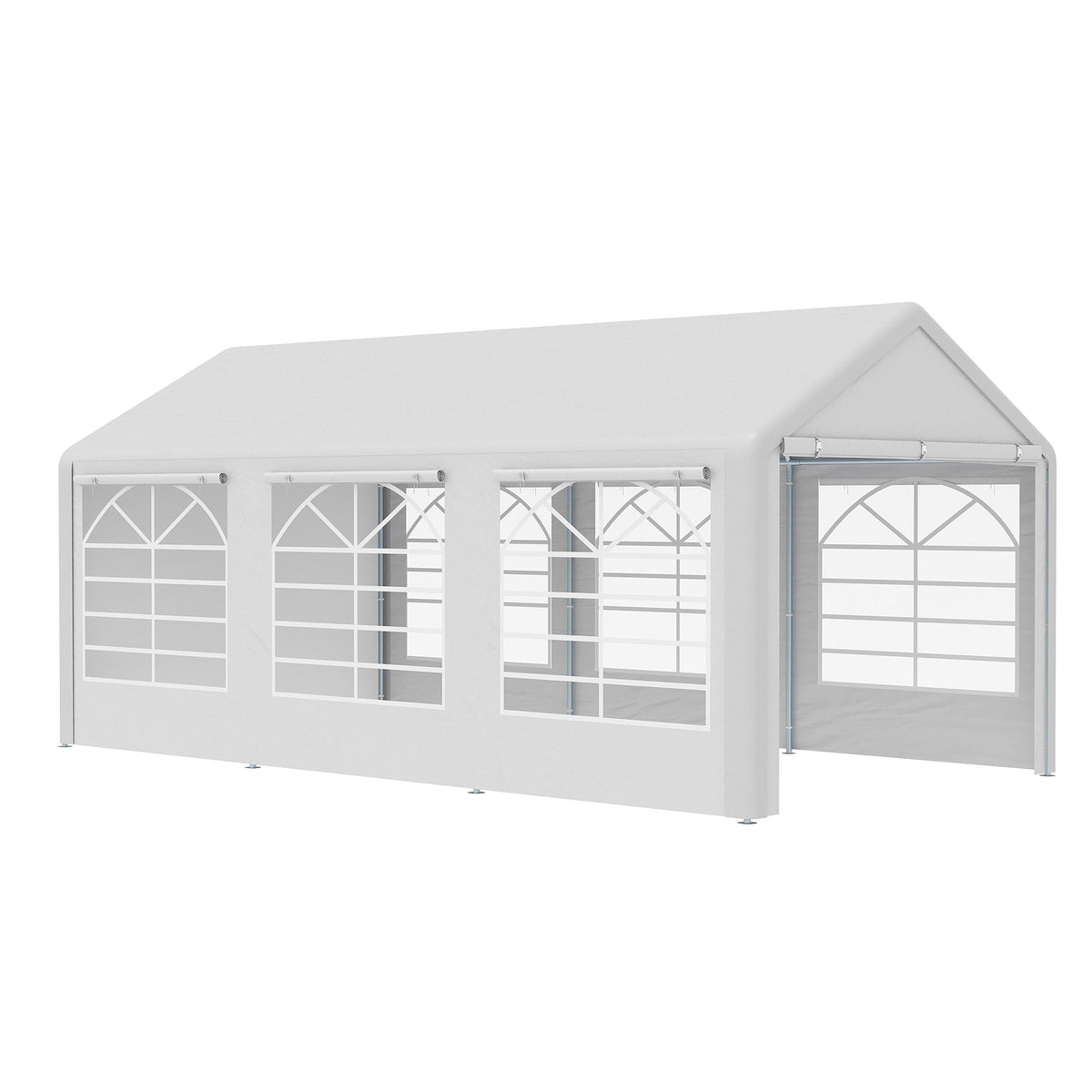 White pop-up gazebo with arched window panels and peaked roof for easy access outdoor gatherings and plastic canopy use