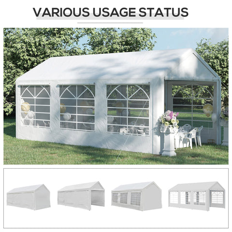 White fabric party tent with arched windows and side entrance for easy access perfect for outdoor gatherings and plastic canopy use