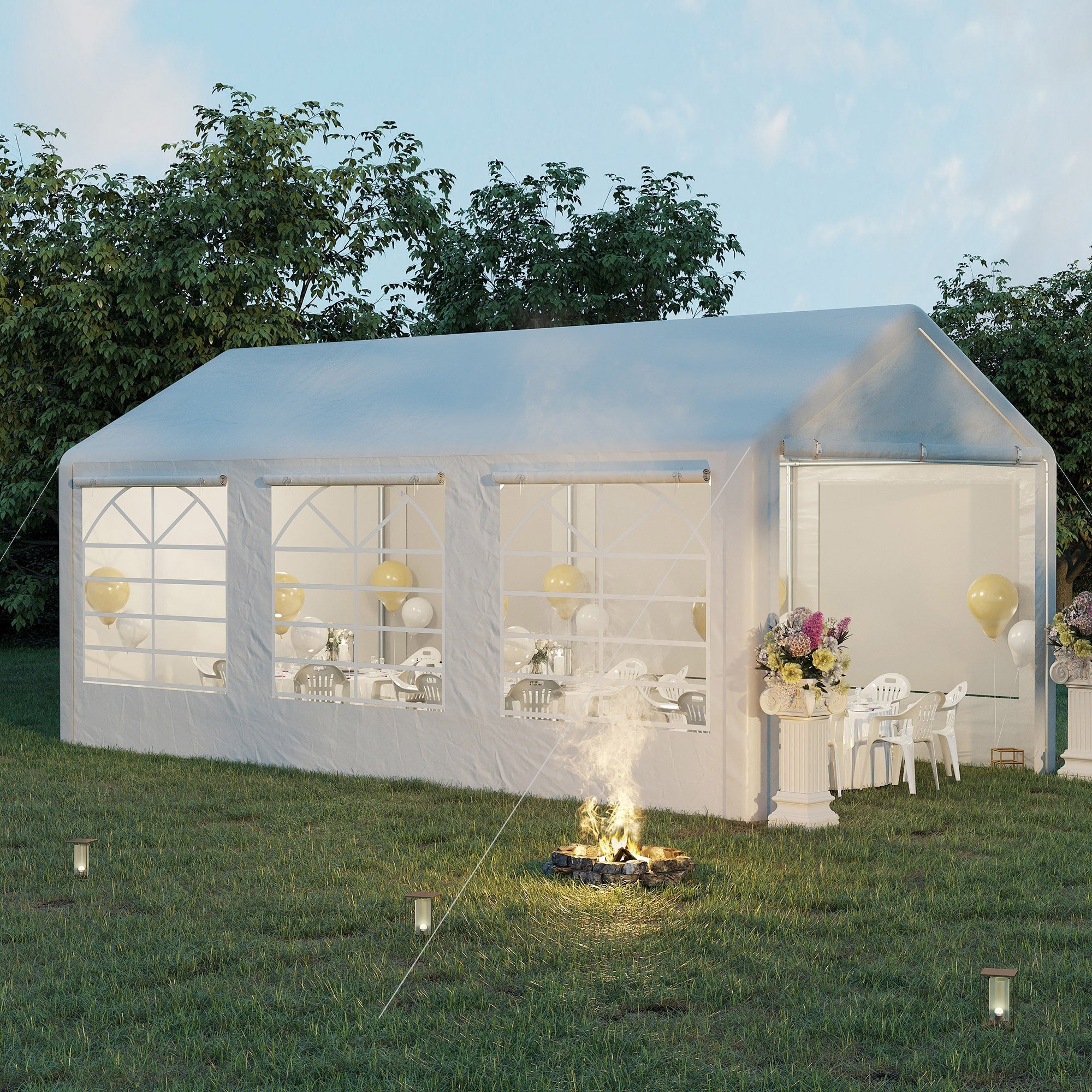 White fabric Outsunny garden gazebo marquee party tent with arched windows and side entrance for easy access outdoor gatherings