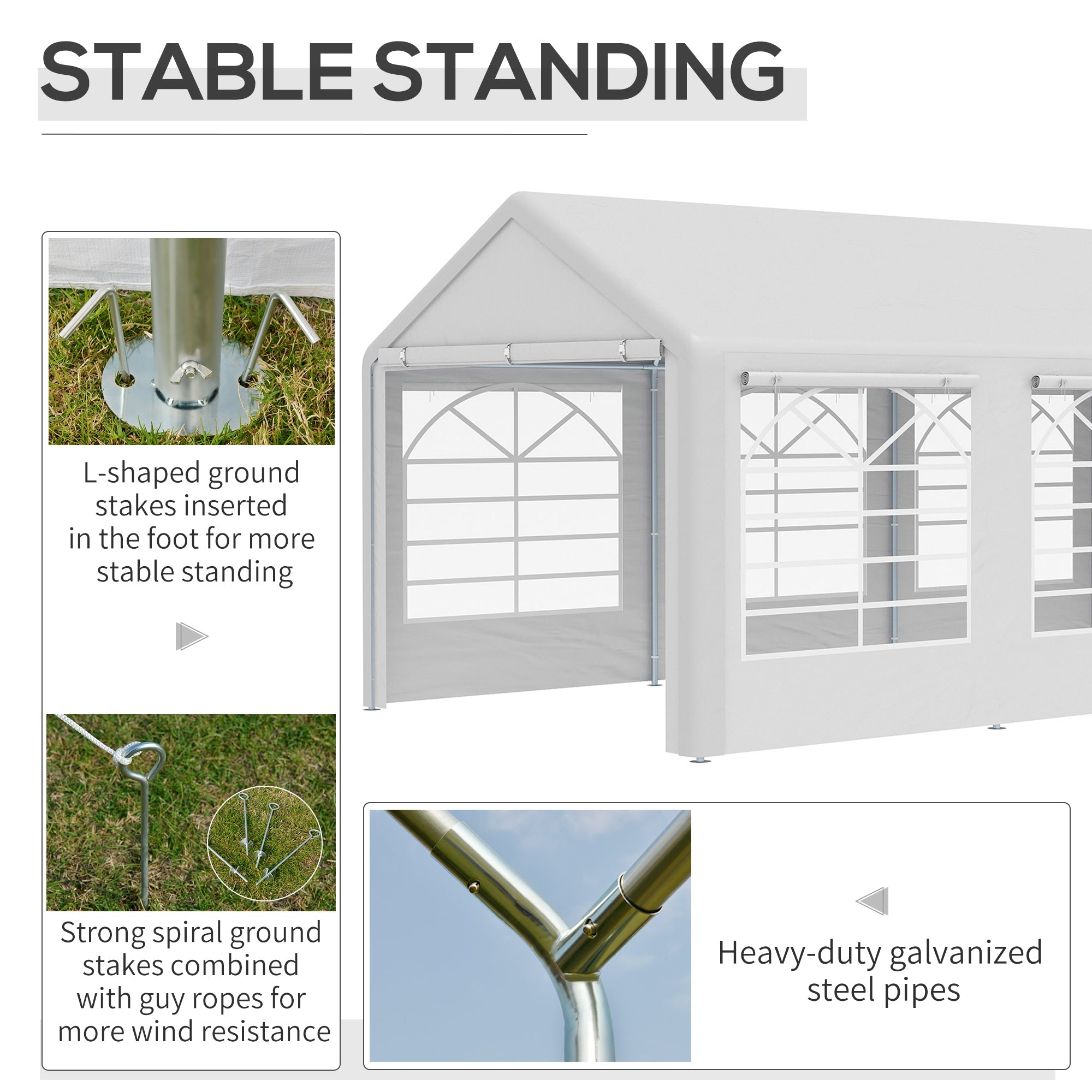 White outsunny pop-up gazebo with heavy-duty galvanized steel frame and l-shaped stakes for stable outdoor gatherings and easy access plastic canopy
