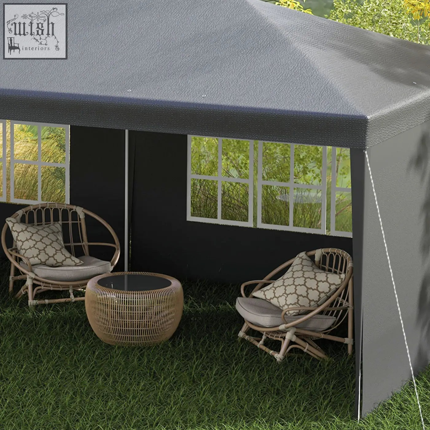 Dark gray outsunny 6 x 3 m party tent gazebo with textured canopy, white windows, guy ropes, and ground pegs for stability