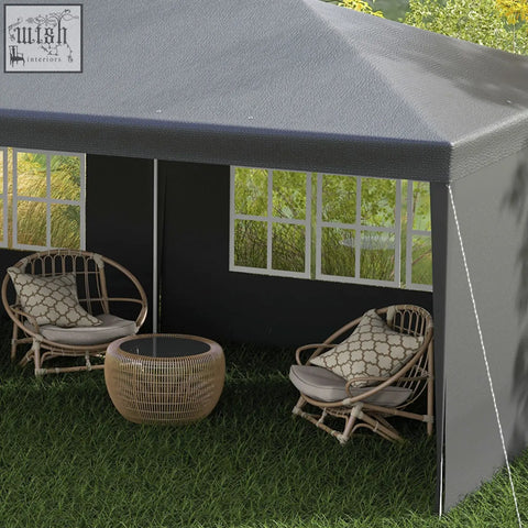 Dark gray outsunny 6 x 3 m party tent gazebo with textured canopy, white windows, guy ropes, and ground pegs for stability