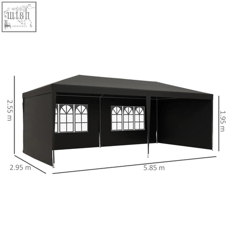 Black outsunny 6 x 3 m party tent canopy with arched window panels, guy ropes, ground pegs, and an open feeling design