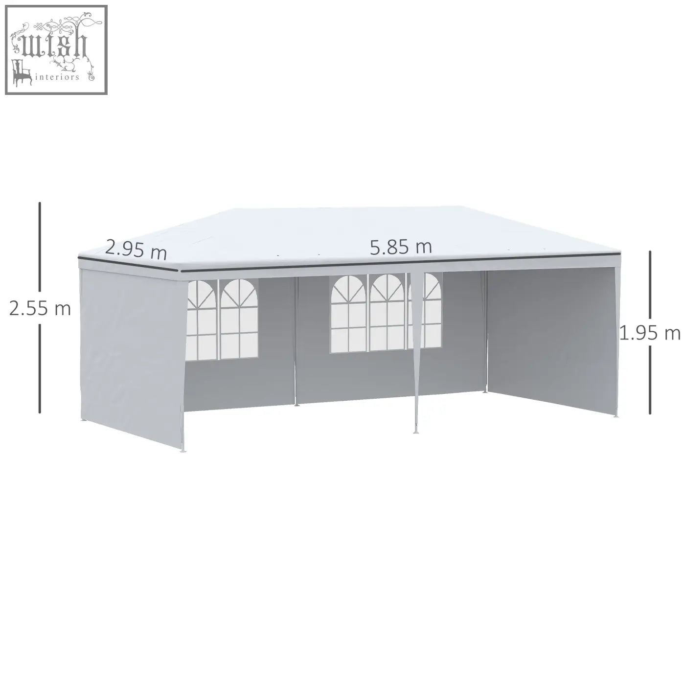 Gray outsunny party tent gazebo with white window panels and peaked roof secured with guy ropes and ground pegs