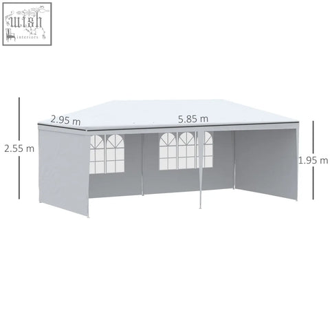 Gray outsunny party tent gazebo with white window panels and peaked roof secured with guy ropes and ground pegs