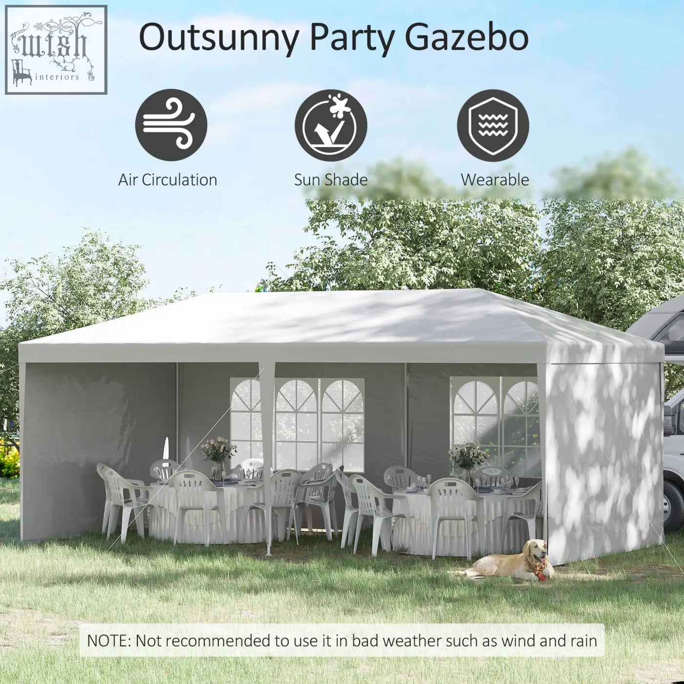 White fabric outsunny party tent gazebo with arched window panels, peaked roof, guy ropes, and ground pegs for patio use