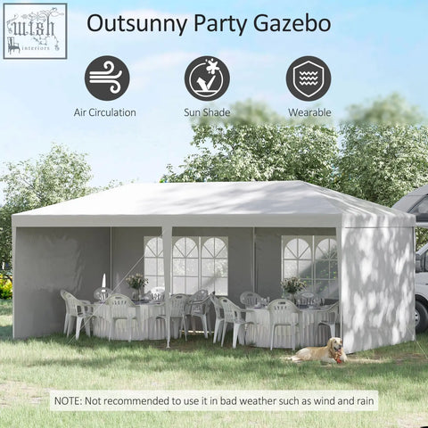 White fabric outsunny party tent gazebo with arched window panels, peaked roof, guy ropes, and ground pegs for patio use