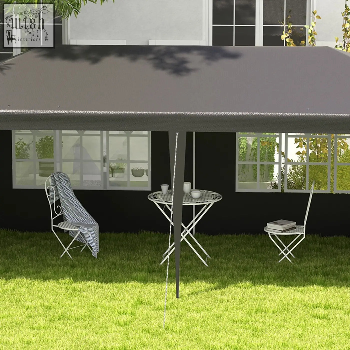 Dark grey outsunny party tent with textured fabric retractable awning metal poles guy ropes and ground pegs for open feeling