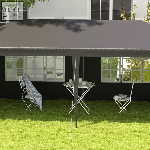 Dark grey outsunny party tent with textured fabric retractable awning metal poles guy ropes and ground pegs for open feeling