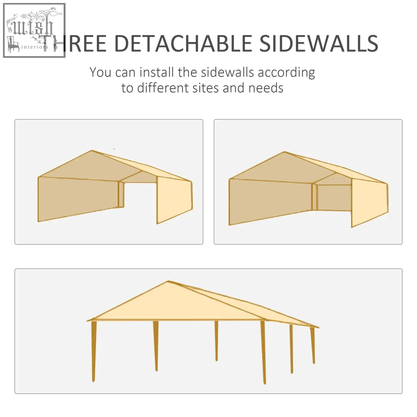 Beige outsunny party tent gazebo with three detachable sidewalls for open feeling secured by guy ropes and ground pegs