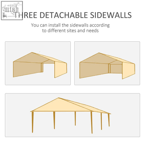 Beige outsunny party tent gazebo with three detachable sidewalls for open feeling secured by guy ropes and ground pegs