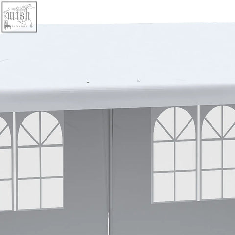 White Outsunny 6 x 3 m party tent with arched window panels, guy ropes, and ground pegs for outdoor use