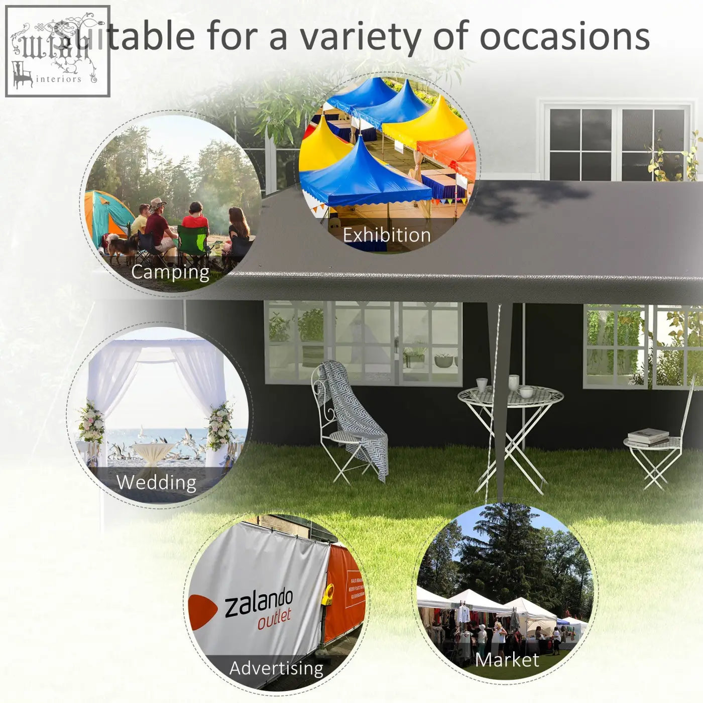 Outsunny 6 x 3 m party tent gazebo with dark grey canopy, side panels, windows, guy ropes, and ground pegs for open feeling events