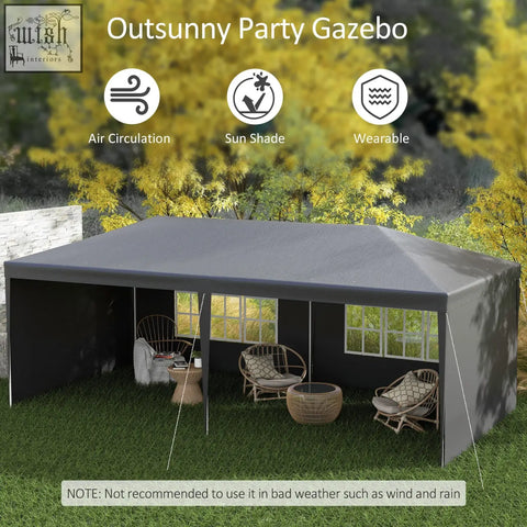 Dark gray fabric covered outsunny party tent gazebo with square frame side panels guy ropes and ground pegs for open feeling