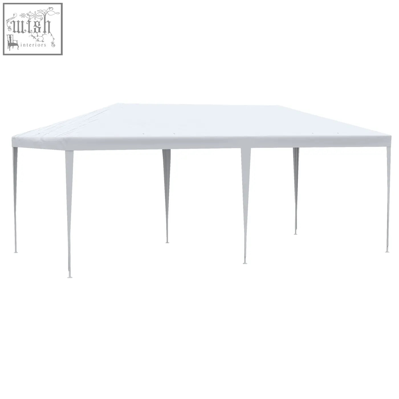 White outsunny party tent canopy with smooth fabric top metal legs guy ropes and ground pegs for outdoor use