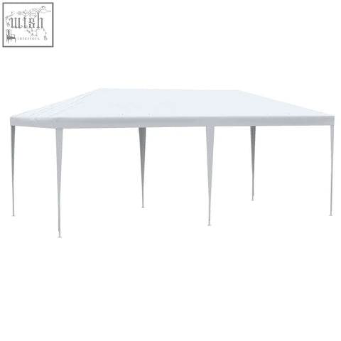White outsunny party tent canopy with smooth fabric top metal legs guy ropes and ground pegs for outdoor use