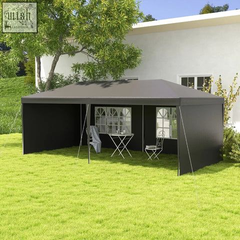 Black outsunny 6 x 3 m party tent gazebo with side walls and peaked roof secured with guy ropes and ground pegs for open feeling