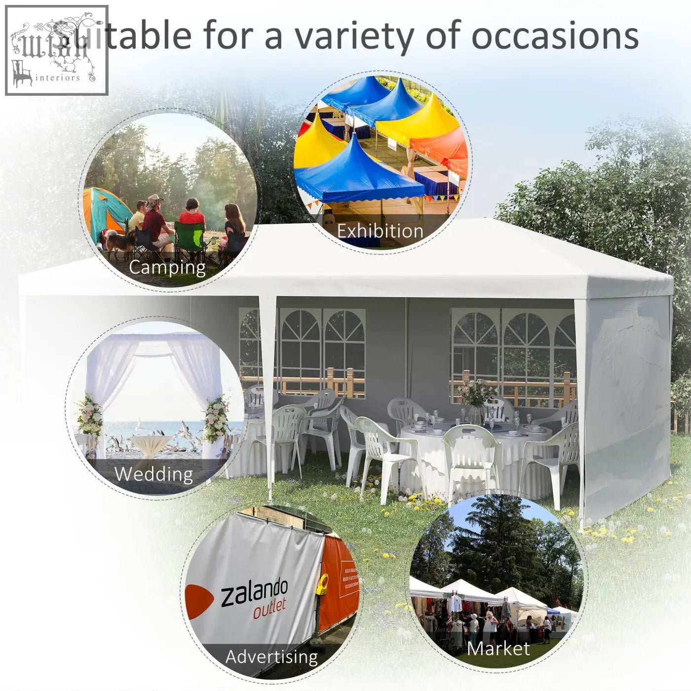 White outsunny party tent canopy with arched window panels side walls guy ropes and ground pegs for outdoor use