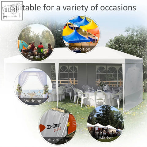 White outsunny party tent canopy with arched window panels side walls guy ropes and ground pegs for outdoor use