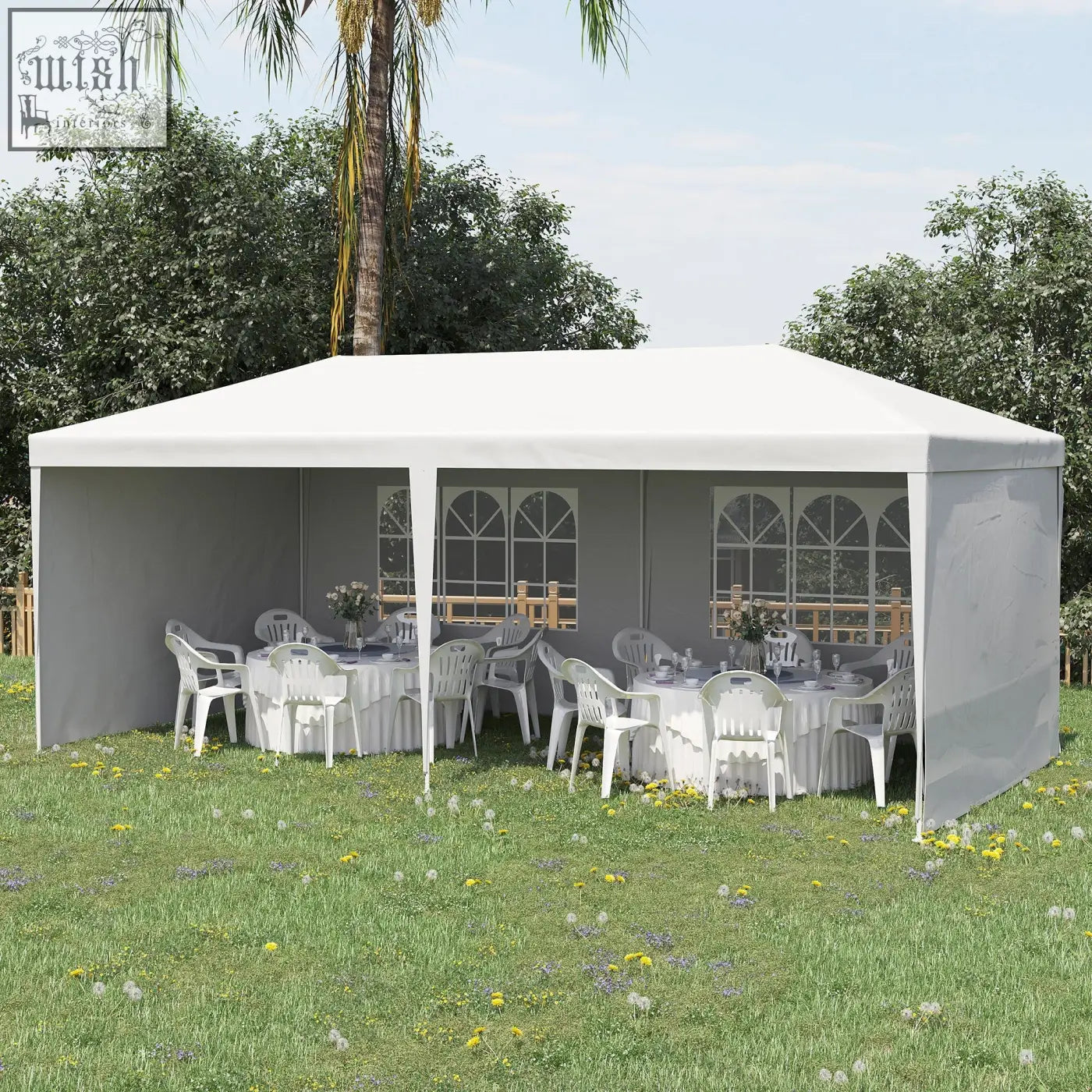 White outsunny 6 x 3 m party tent canopy with gray side panels arched windows guy ropes and ground pegs included