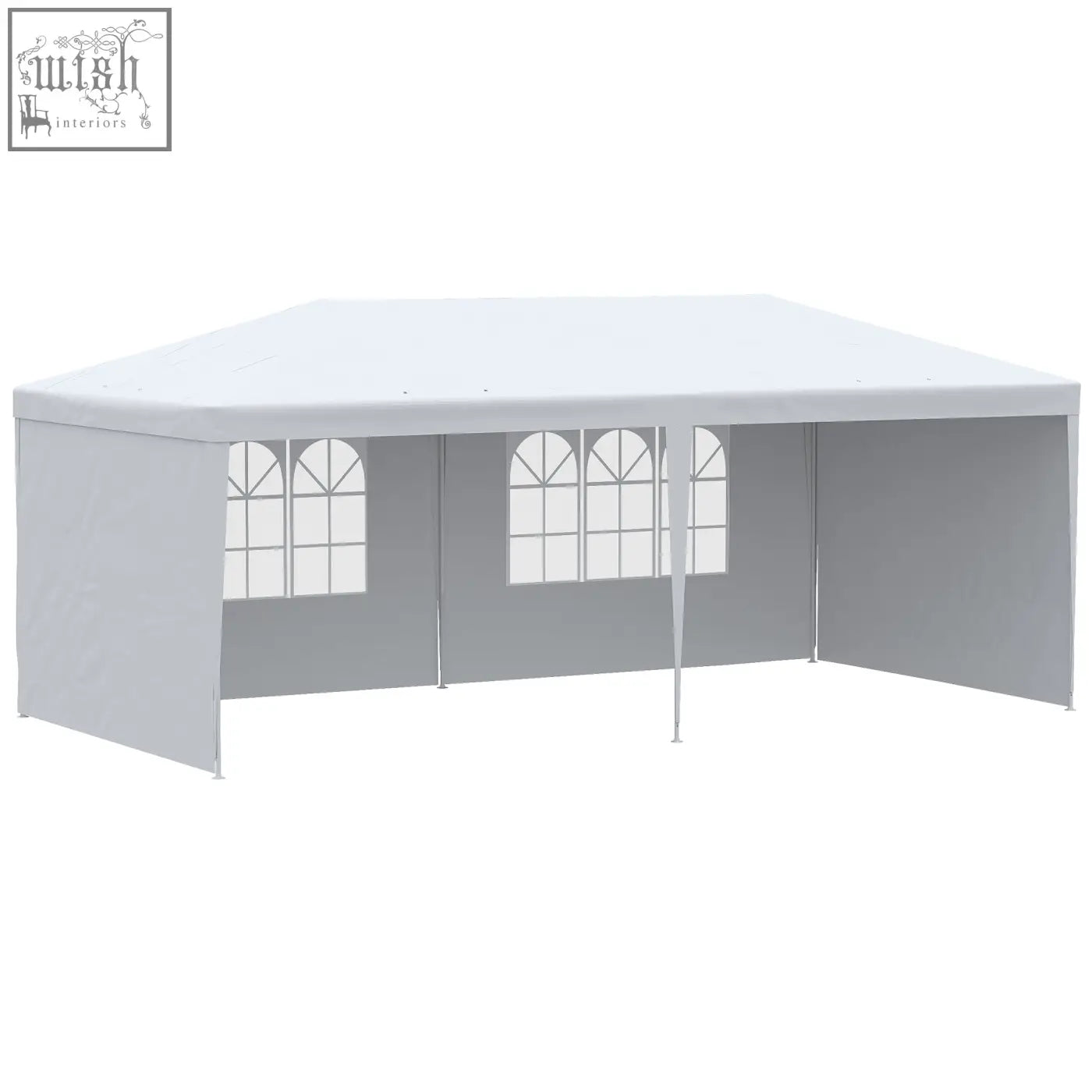 White outsunny 6 x 3 m party tent gazebo with gray side panels arched windows guy ropes and ground pegs for stability