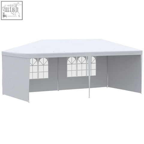 White outsunny 6 x 3 m party tent gazebo with gray side panels arched windows guy ropes and ground pegs for stability
