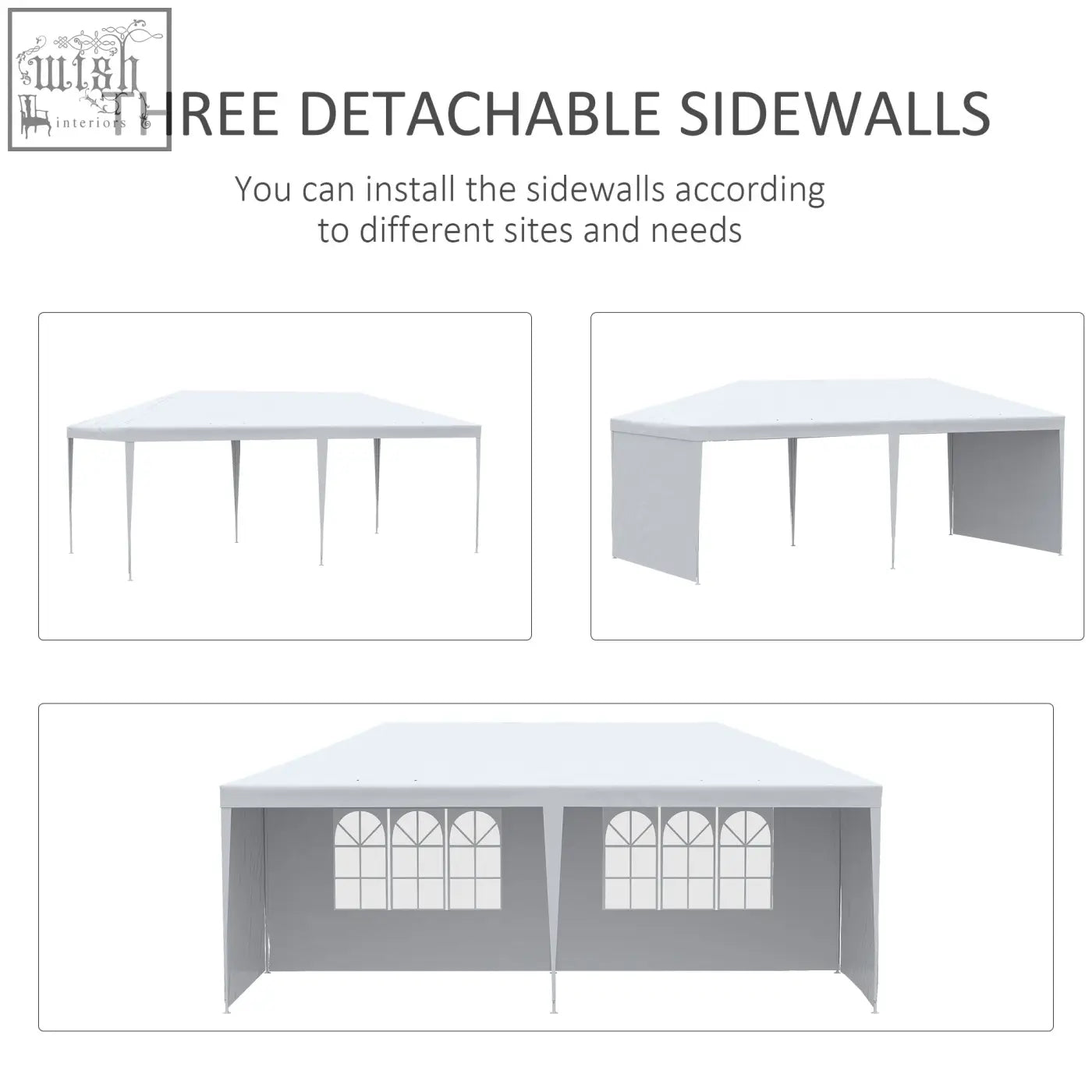 White outsunny 6 x 3 m party tent canopy with three detachable sidewalls featuring arched windows guy ropes and ground pegs