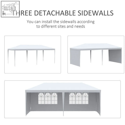 White outsunny 6 x 3 m party tent canopy with three detachable sidewalls featuring arched windows guy ropes and ground pegs