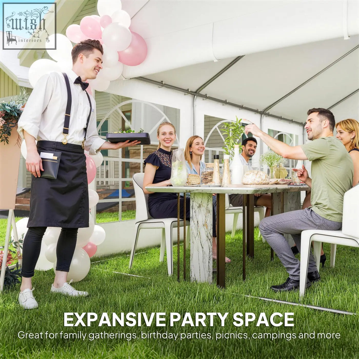 Black apron with gold buckle and adjustable straps worn by server under outsunny party tent with galvanised steel frame