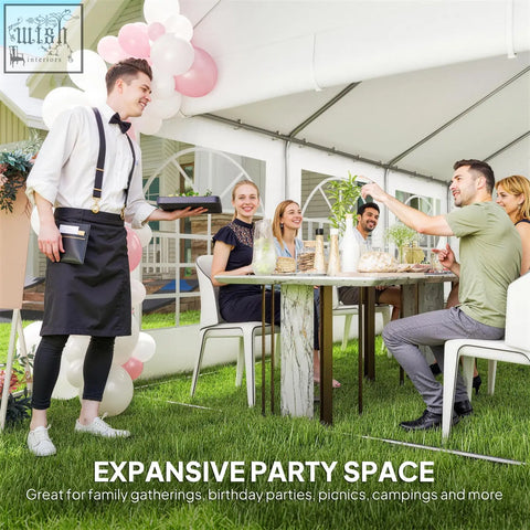Black apron with gold buckle and adjustable straps worn by server under outsunny party tent with galvanised steel frame