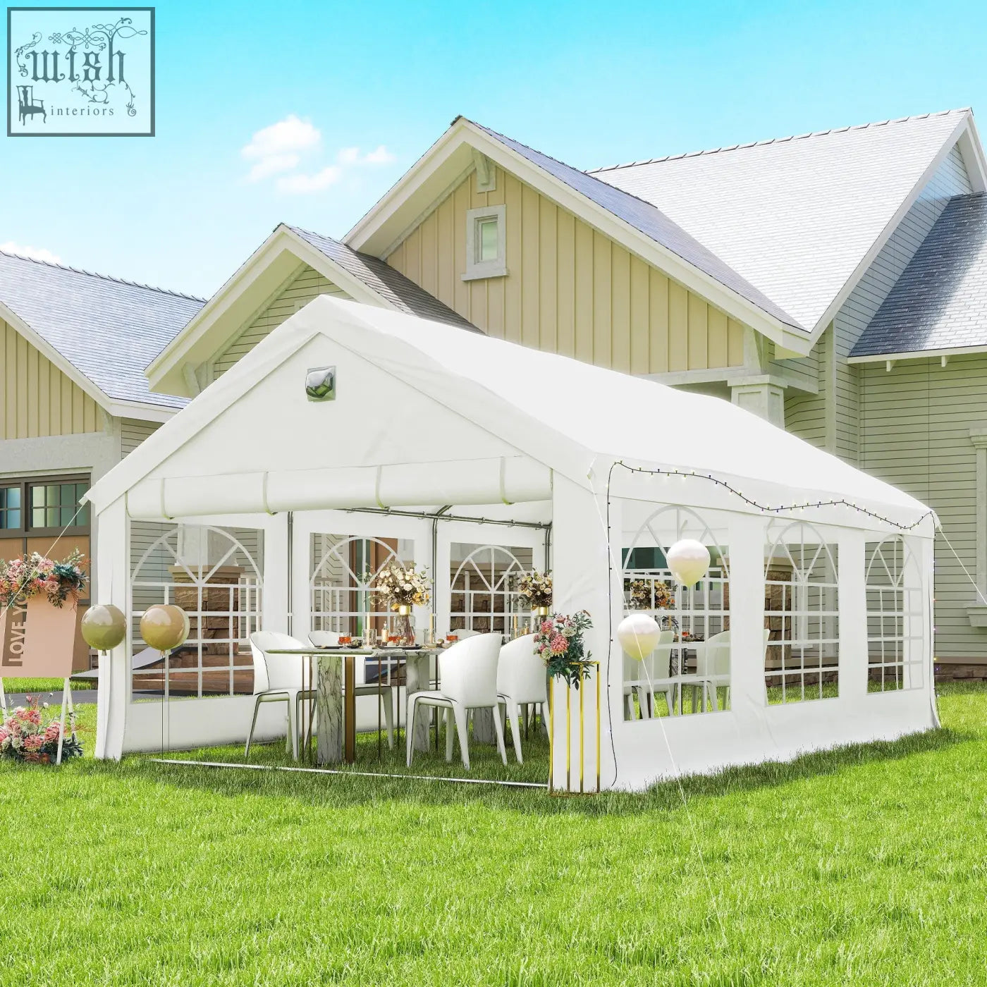 White fabric outsunny 6 x 4 m party tent with arched windows and galvanised steel frame for outdoor events