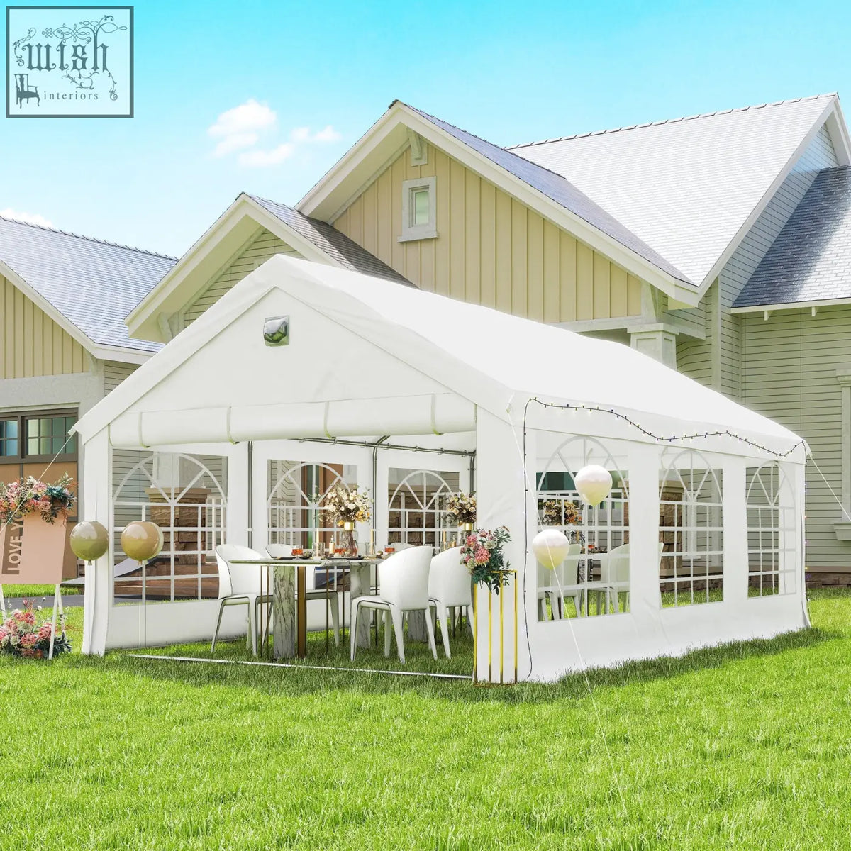 White fabric outsunny 6 x 4 m party tent with arched windows and galvanised steel frame for outdoor events