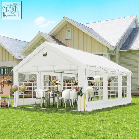 White fabric outsunny 6 x 4 m party tent with arched windows and galvanised steel frame for outdoor events
