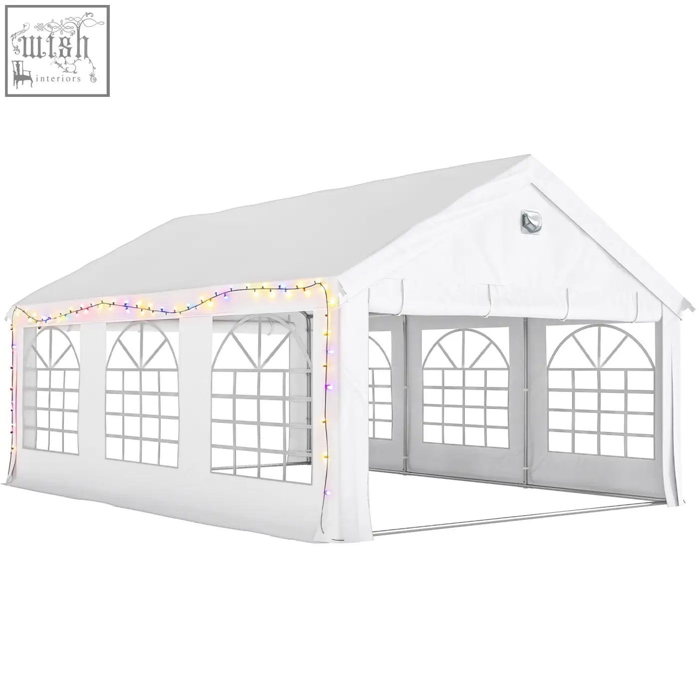 White canvas outsunny party tent with arched window panels and string lights on a galvanised steel frame