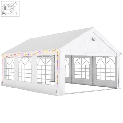 White canvas outsunny party tent with arched window panels and string lights on a galvanised steel frame