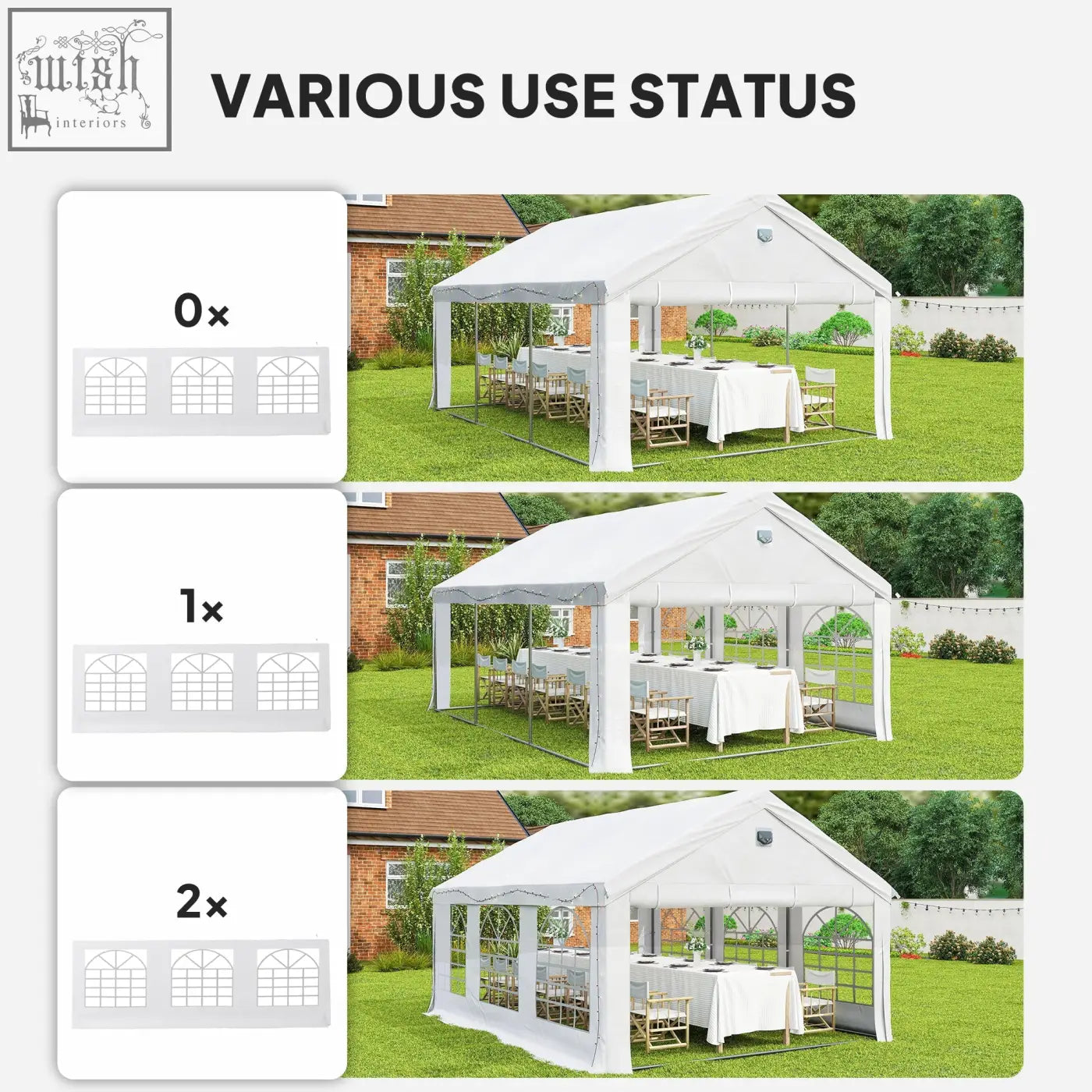 White pop-up party gazebo with clear side panels and peaked roof featuring a strong galvanised steel frame