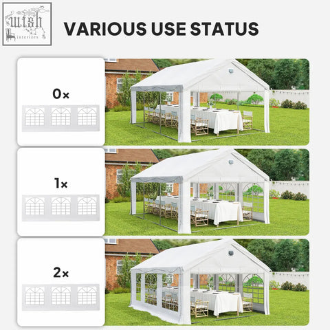 White pop-up party gazebo with clear side panels and peaked roof featuring a strong galvanised steel frame
