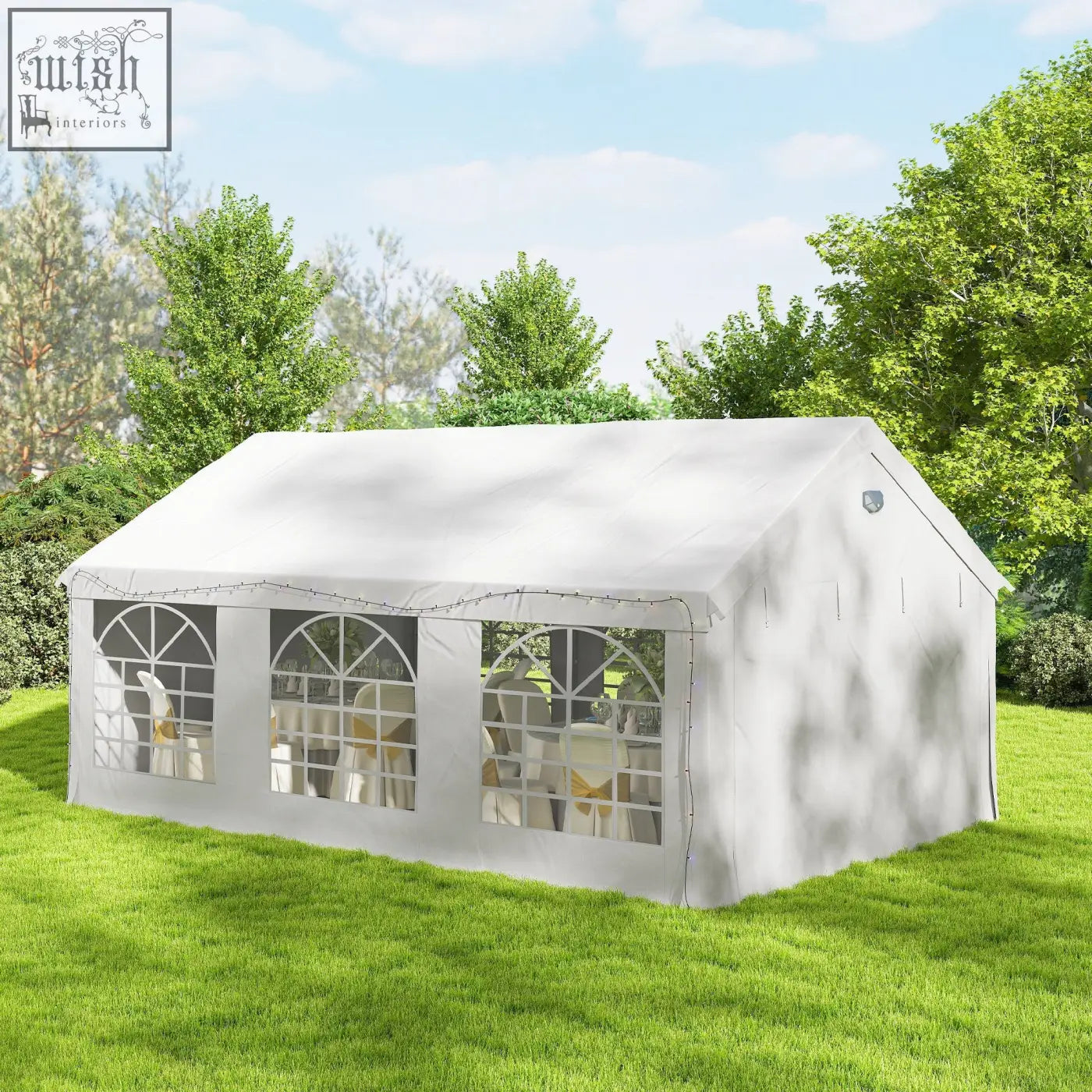 White fabric outsunny party tent with arched windows string lights and galvanised steel frame for outdoor use