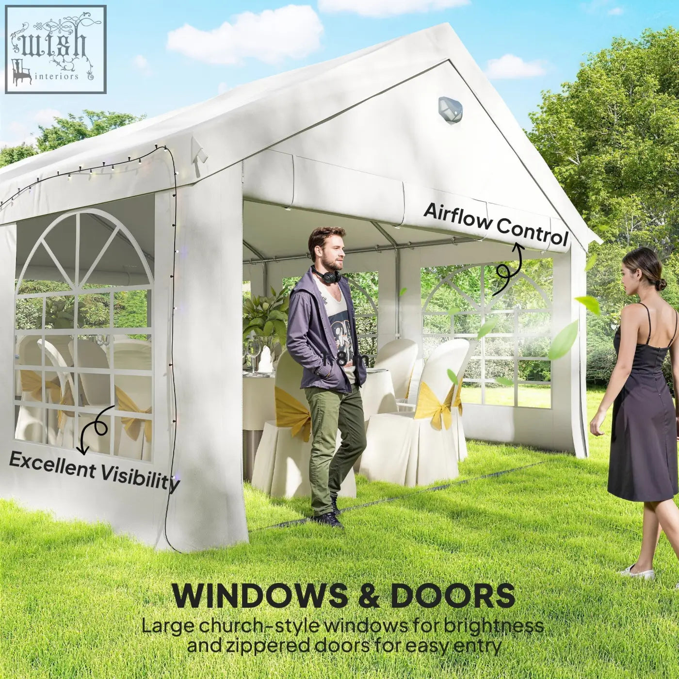 White outsunny 6 x 4 m party tent with galvanised steel frame, arched windows, zipper doors, and removable sidewalls