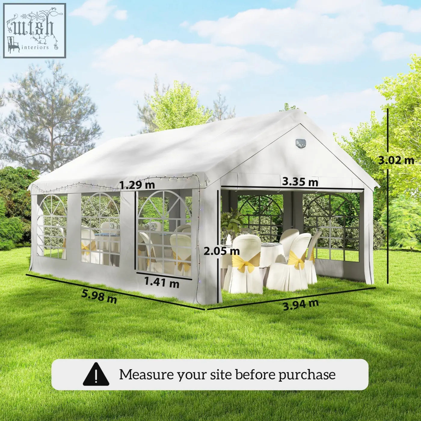 White fabric gazebo with arched windows and peaked roof featuring a galvanised steel frame for outdoor parties and weddings