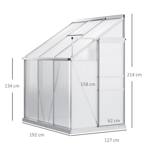 Silver framed lean to wall greenhouse with clear polycarbonate panels and aluminium alloy frame for garden use