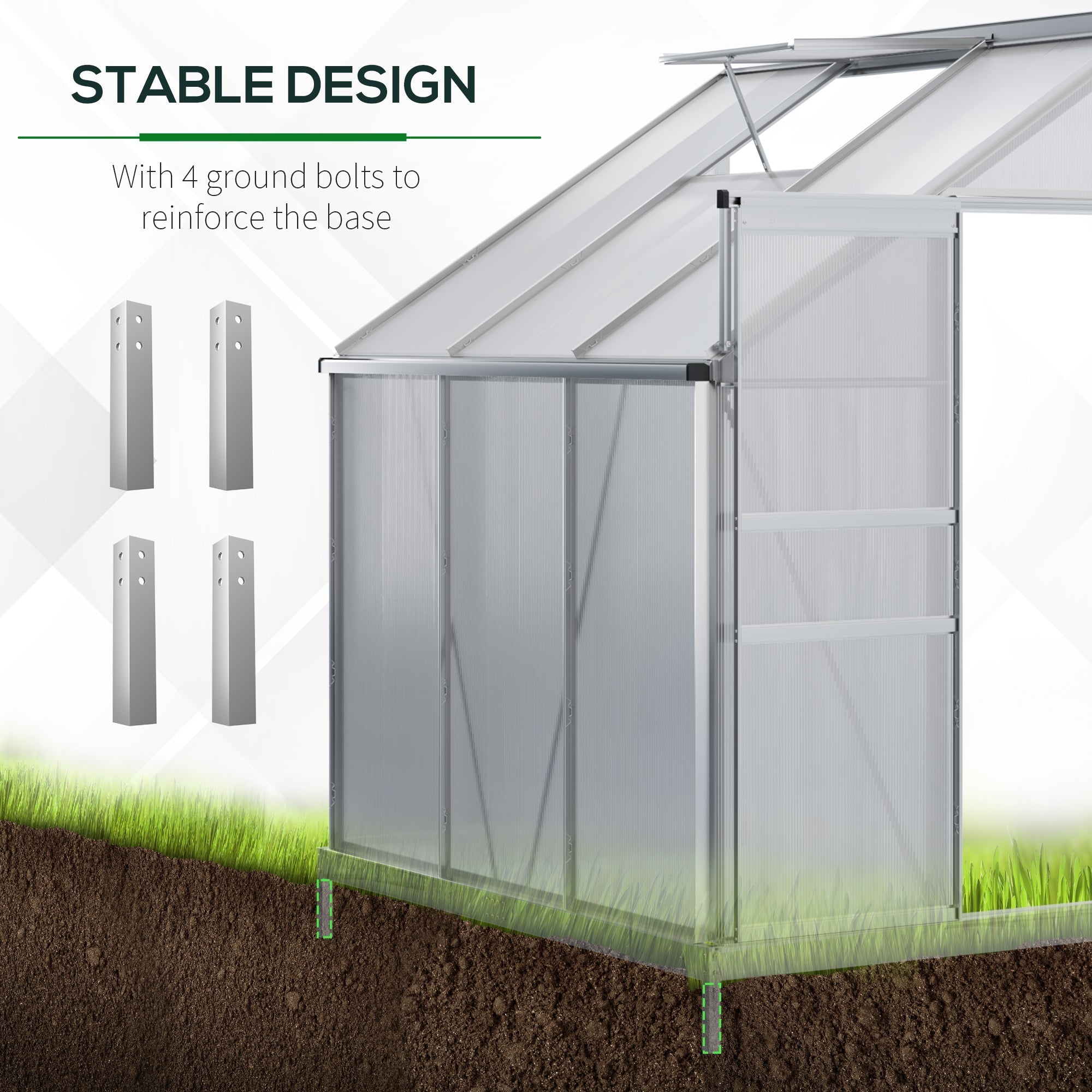 Silver framed outsunny lean to wall greenhouse with aluminium alloy frame polycarbonate panels and reinforced base bolts